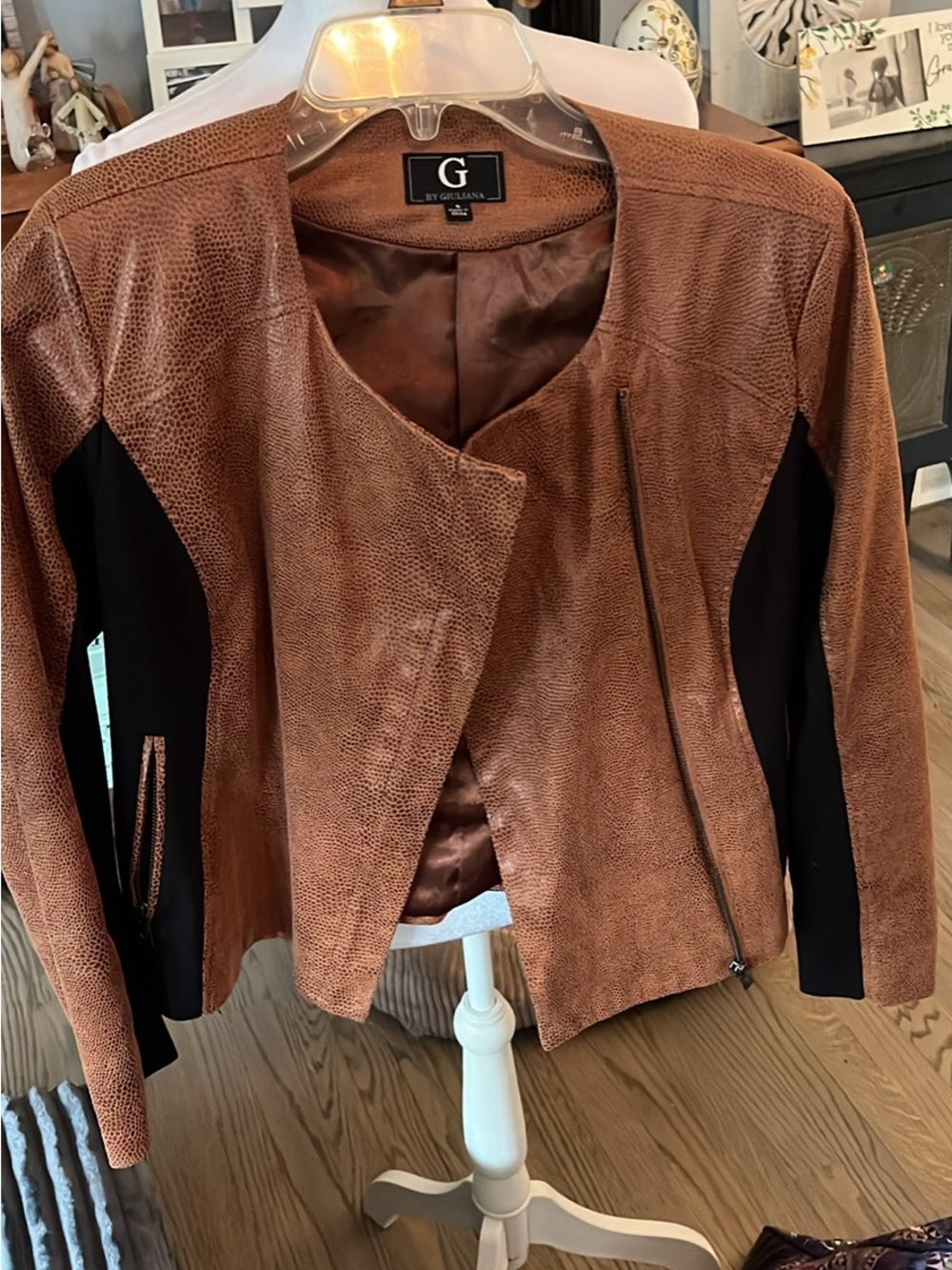 G by Giuliana Brown Textured Faux Leather Jacket with Black Panels
